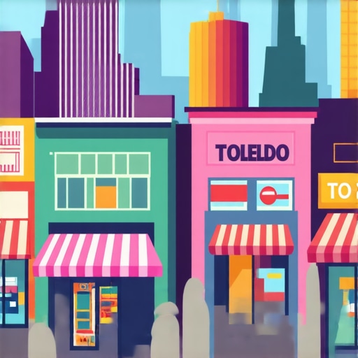 Toledo Cityscape with Local Businesses Colorful Toledo city scene showing local shops and digital marketing icons