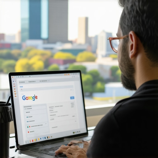 Ohio poslovni vlasnik optimizuje Google profil na računaru sa Toledo pejzažem u pozadini.