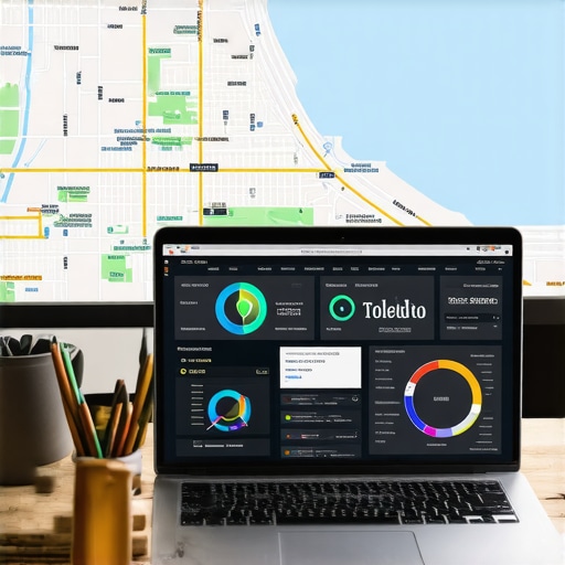 Laptop showing local SEO metrics with Toledo landmarks in background