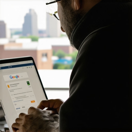 Business owner optimizing Google My Business profile with Toledo city view