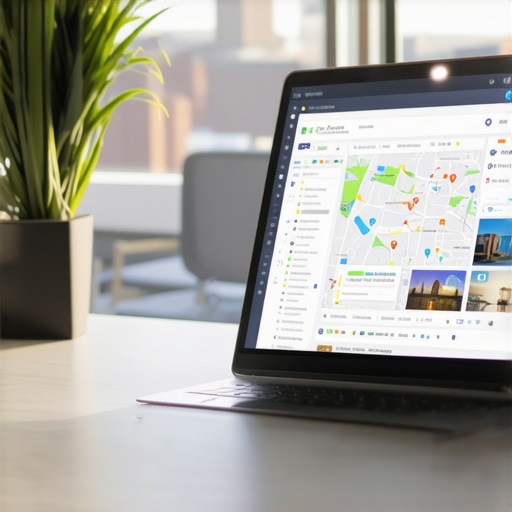 Laptop displaying SEO dashboard with Toledo cityscape outside the window.