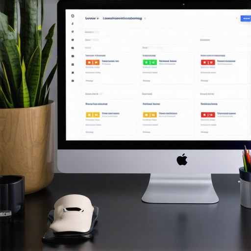 A workspace with SEO software on a computer monitor, emphasizing local search monitoring.