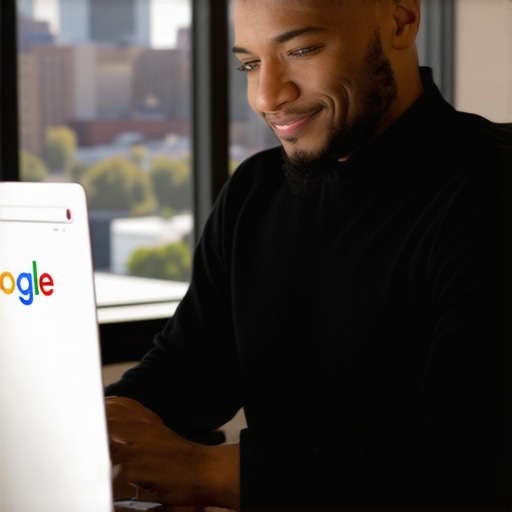 Toledo business owner working on Google My Business profile with cityscape in background