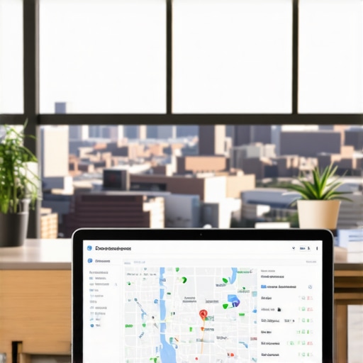 Computer screen displaying SEO dashboard with Toledo map rankings, analytics graphs, and local marketing tools.