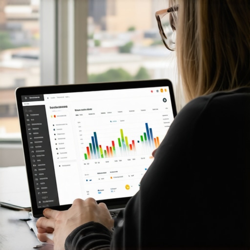 Person reviewing Toledo SEO analytics on laptop in front of Toledo skyline.