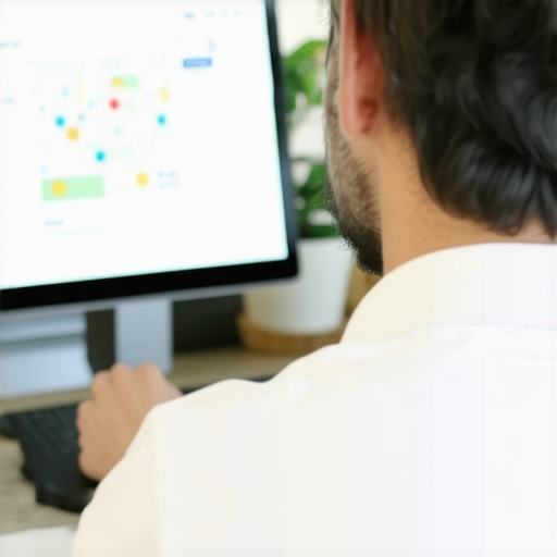Business owner analyzing local SEO analytics on a laptop with Toledo city map in the background.