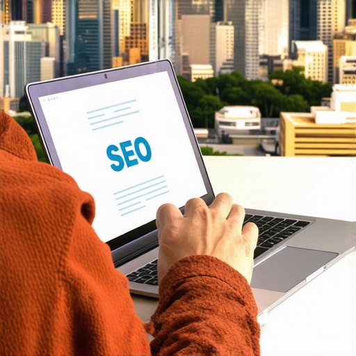 Person working on SEO tools with Toledo city in background.