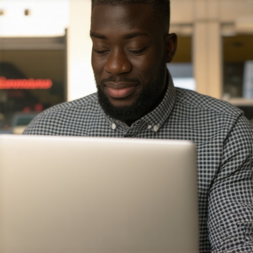 Business owner editing Google My Business profile on a laptop with Toledo storefront behind
