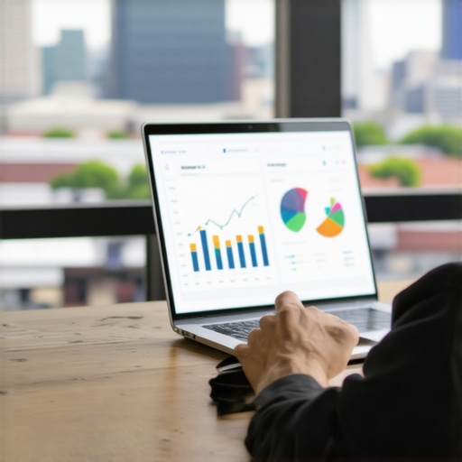 Business owner analyzing SEO data on a laptop with Toledo city in background