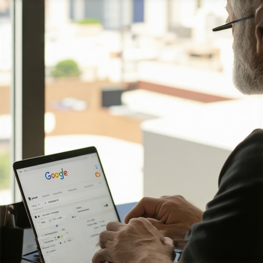 Business owner optimizing Google profile with Toledo city view in background.