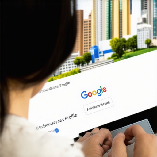 Person updating Google Business Profile with Toledo cityscape in the background.
